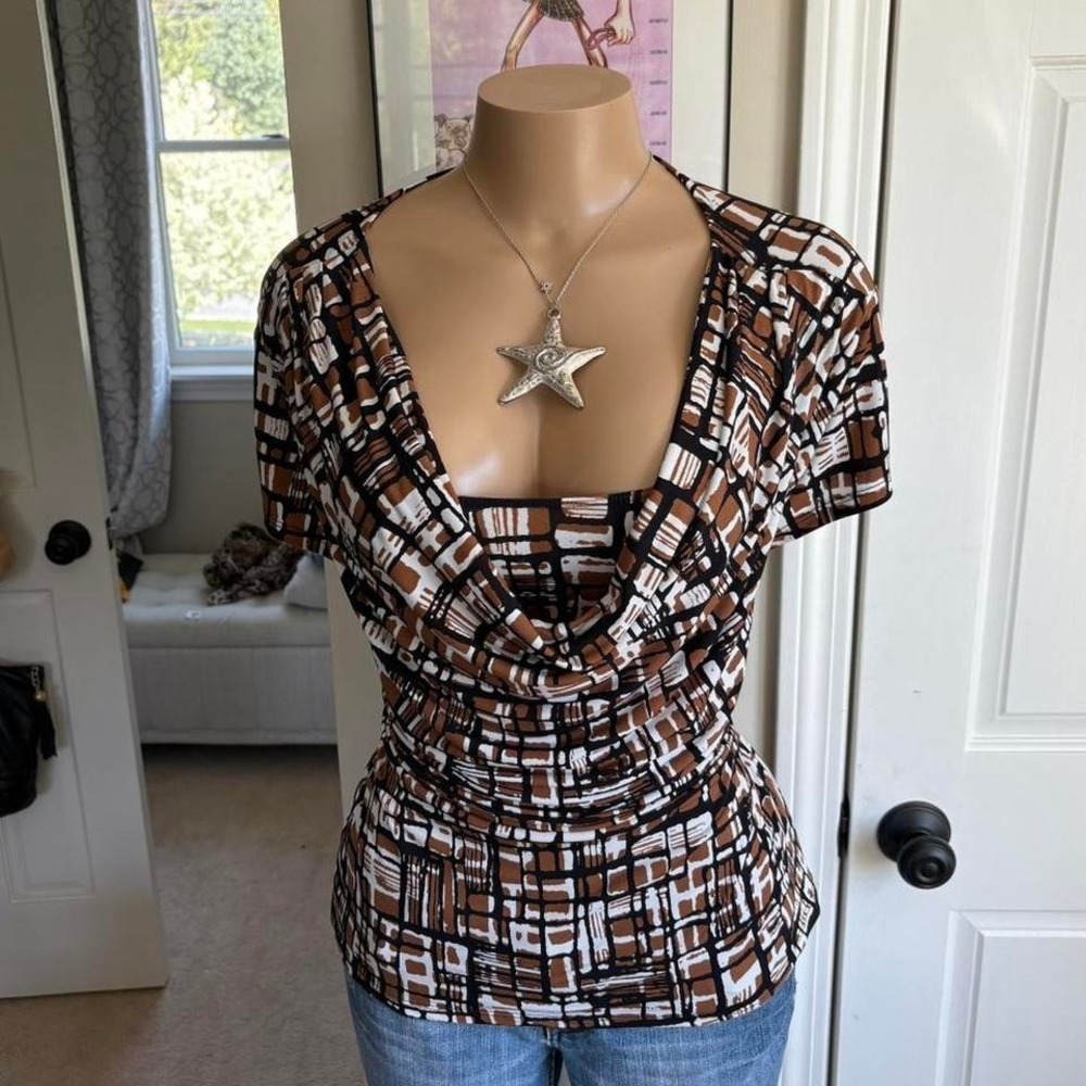 y2k 2000s avant garde brown abstract cowl neck draped top